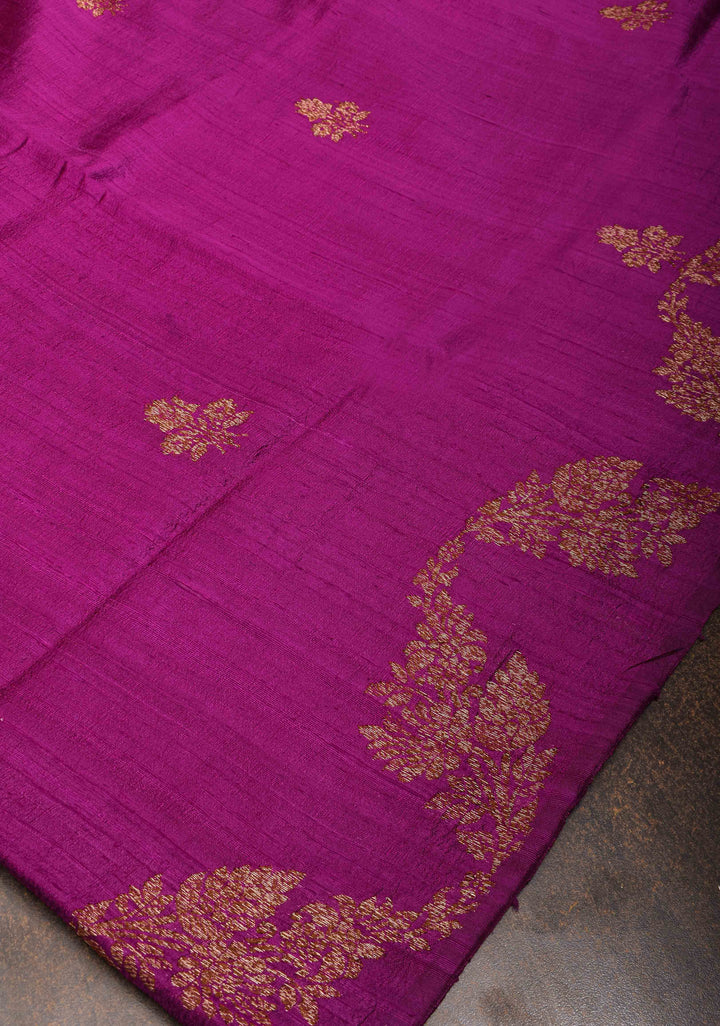 Magenta Banarasi Raw Silk Saree with Antique Floral Zari Buttas and Leheria Border | SILK MARK CERTIFIED