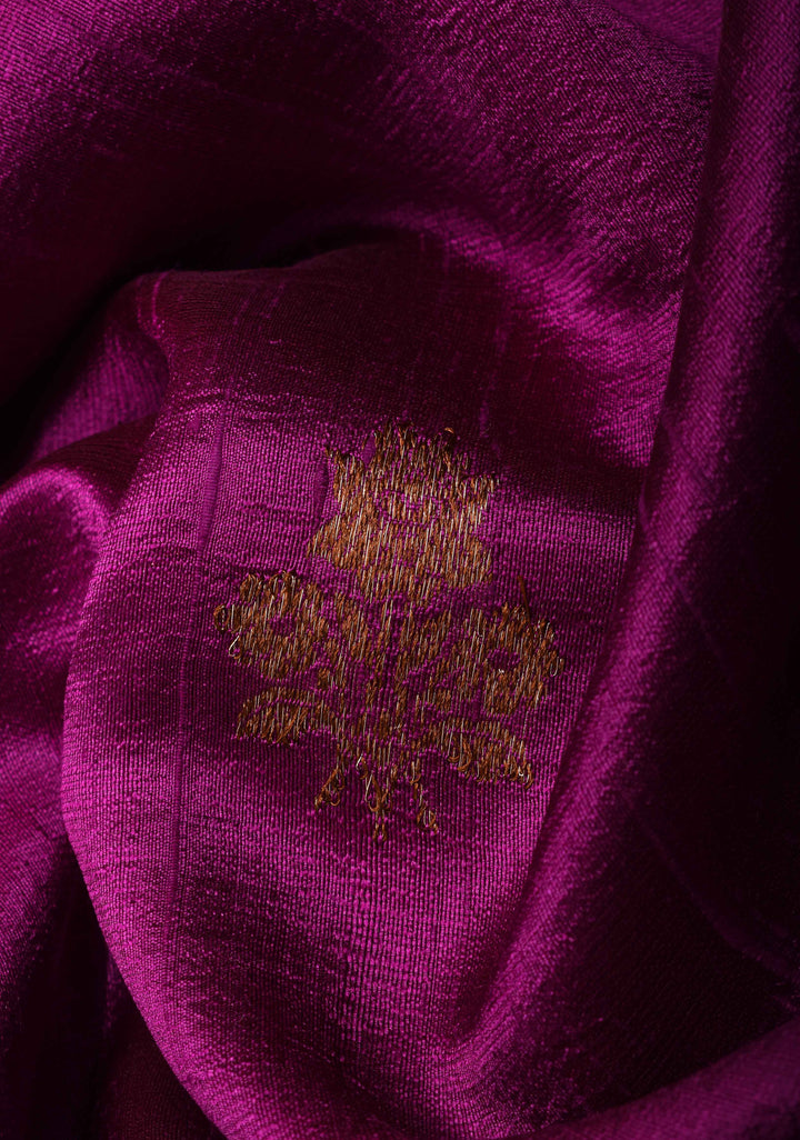 Magenta Banarasi Raw Silk Saree with Antique Floral Zari Buttas and Leheria Border | SILK MARK CERTIFIED