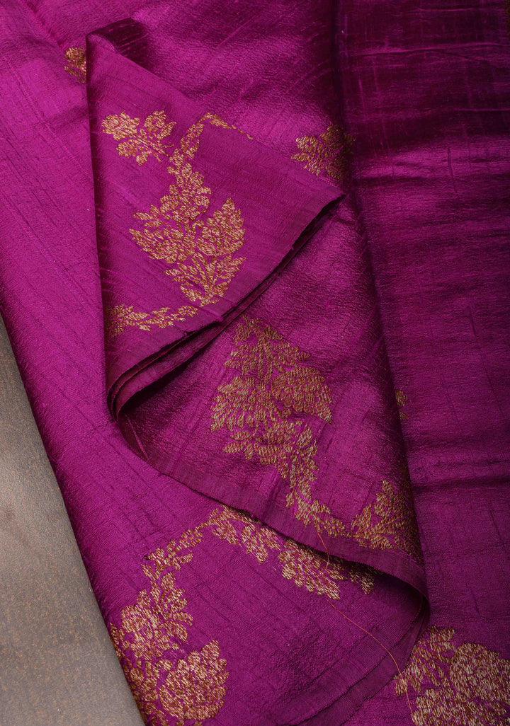 Magenta Banarasi Raw Silk Saree with Antique Floral Zari Buttas and Leheria Border | SILK MARK CERTIFIED