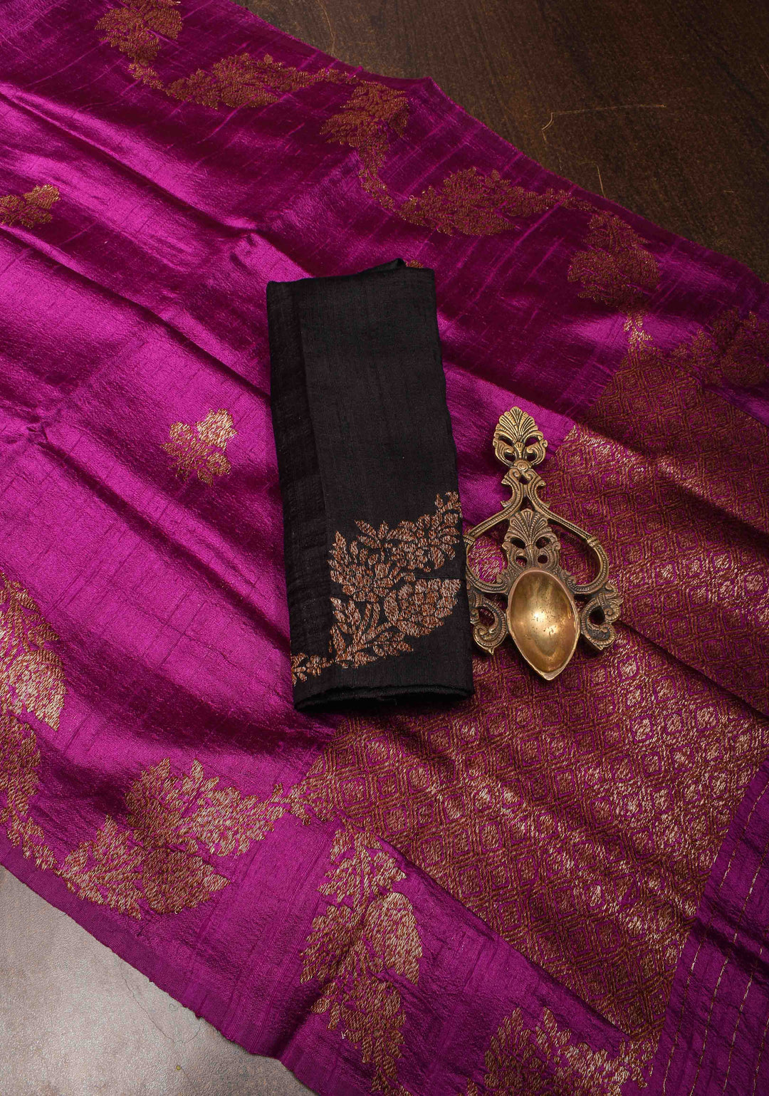 Magenta Banarasi Raw Silk Saree with Antique Floral Zari Buttas and Leheria Border | SILK MARK CERTIFIED