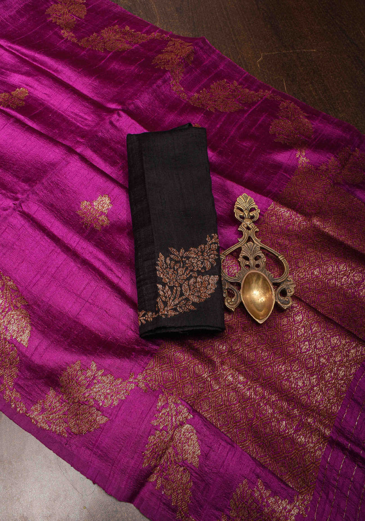 Magenta Banarasi Raw Silk Saree with Antique Floral Zari Buttas and Leheria Border | SILK MARK CERTIFIED
