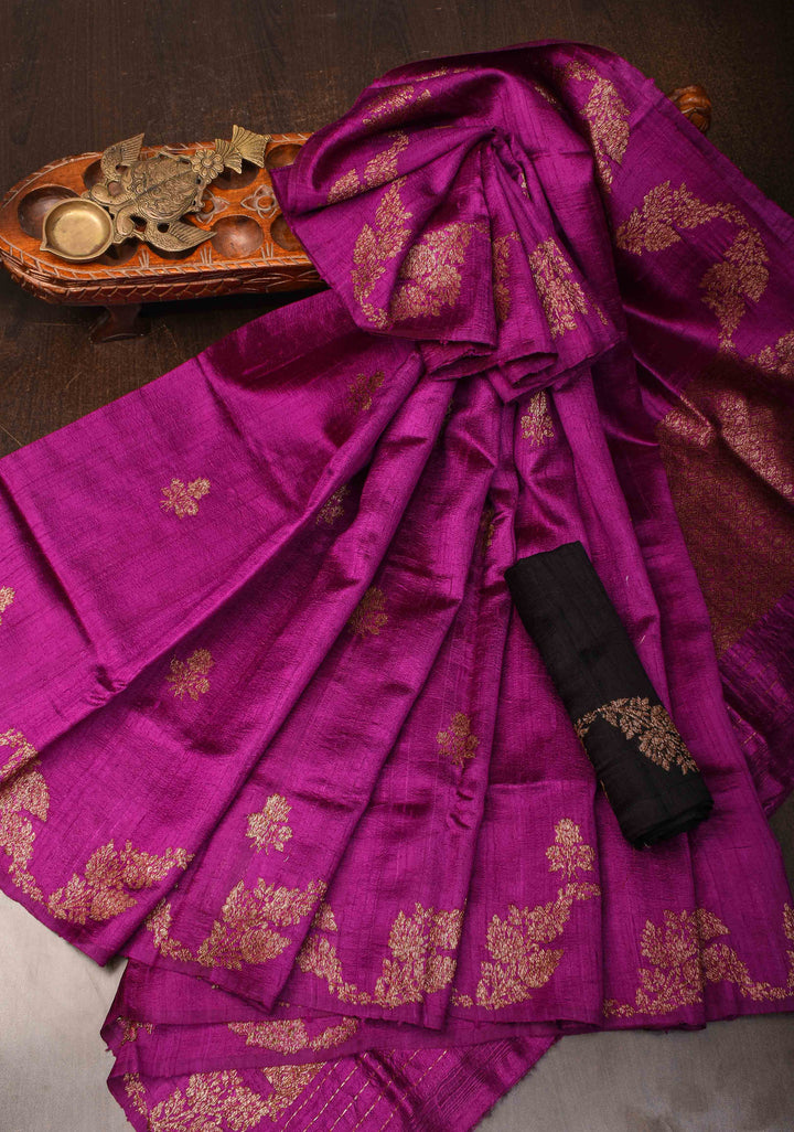 Magenta Banarasi Raw Silk Saree with Antique Floral Zari Buttas and Leheria Border | SILK MARK CERTIFIED