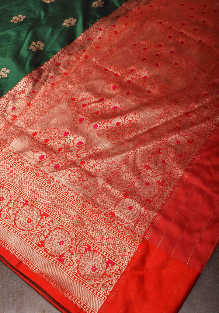 Forest Green Banarasi Katan silk saree with Floral Zari Buttas and Contrast Zari Border | SILK MARK CERTIFIED