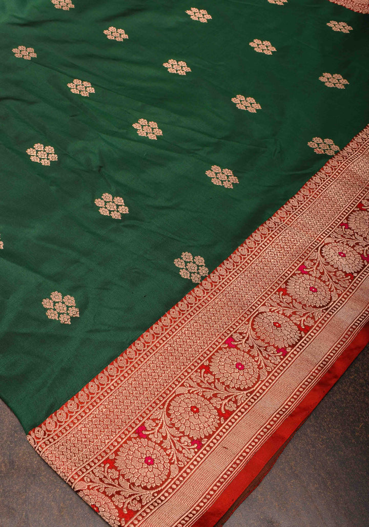 Forest Green Banarasi Katan silk saree with Floral Zari Buttas and Contrast Zari Border | SILK MARK CERTIFIED