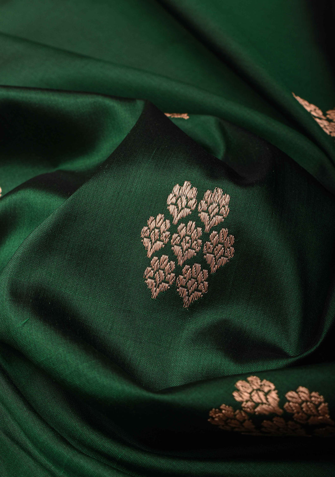 Forest Green Banarasi Katan silk saree with Floral Zari Buttas and Contrast Zari Border | SILK MARK CERTIFIED