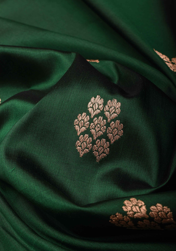 Forest Green Banarasi Katan silk saree with Floral Zari Buttas and Contrast Zari Border | SILK MARK CERTIFIED