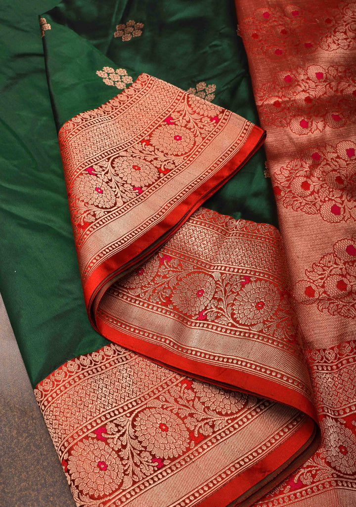 Forest Green Banarasi Katan silk saree with Floral Zari Buttas and Contrast Zari Border | SILK MARK CERTIFIED
