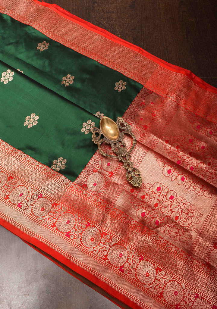 Forest Green Banarasi Katan silk saree with Floral Zari Buttas and Contrast Zari Border | SILK MARK CERTIFIED