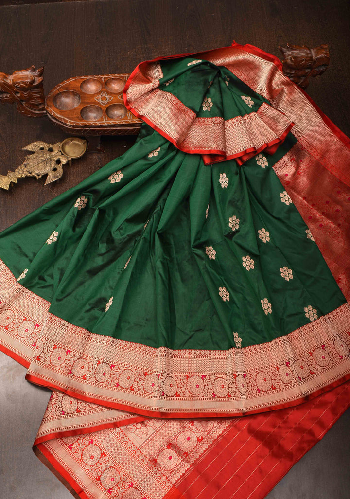 Forest Green Banarasi Katan silk saree with Floral Zari Buttas and Contrast Zari Border | SILK MARK CERTIFIED