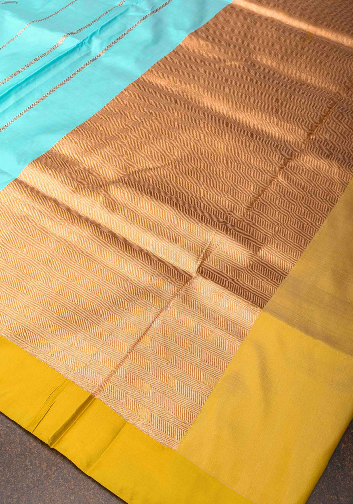Turquoise Blue Banarasi Katan silk saree with Vertical Stripes, Alfi Floral Buttas and Contrast Border | SILK MARK CERTIFIED