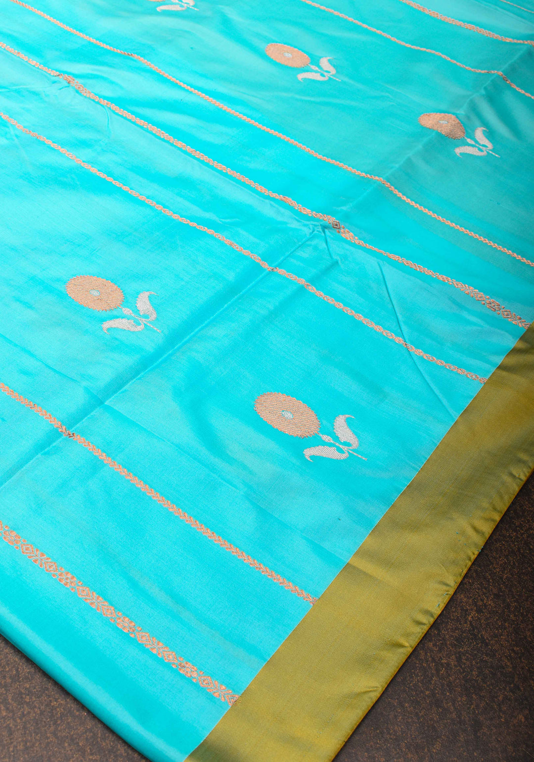 Turquoise Blue Banarasi Katan silk saree with Vertical Stripes, Alfi Floral Buttas and Contrast Border | SILK MARK CERTIFIED