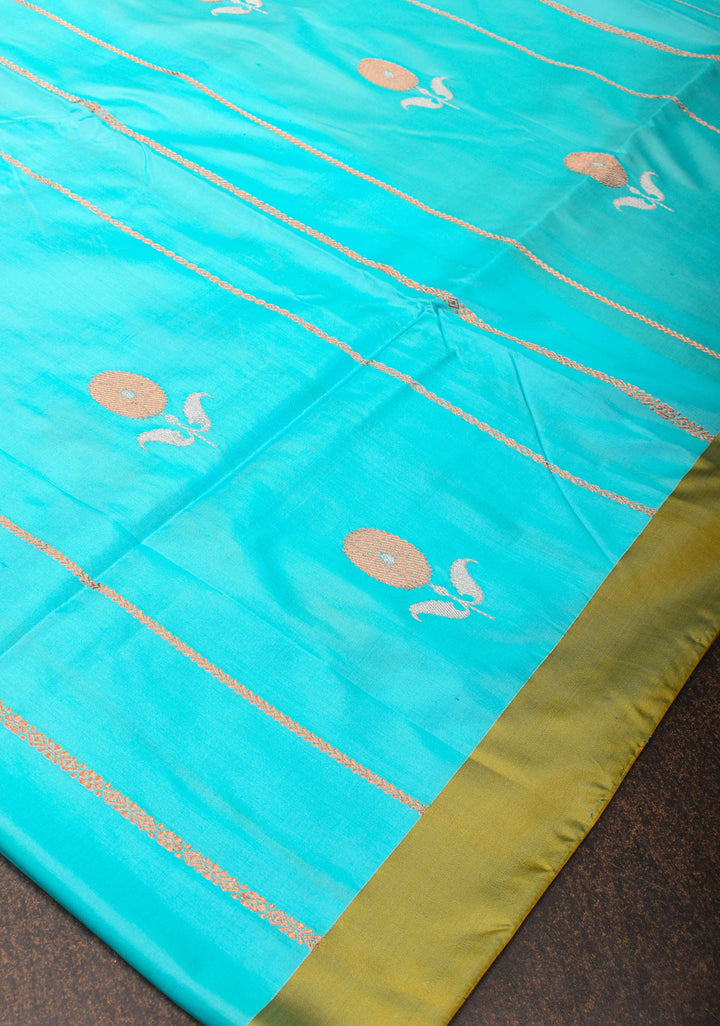 Turquoise Blue Banarasi Katan silk saree with Vertical Stripes, Alfi Floral Buttas and Contrast Border | SILK MARK CERTIFIED