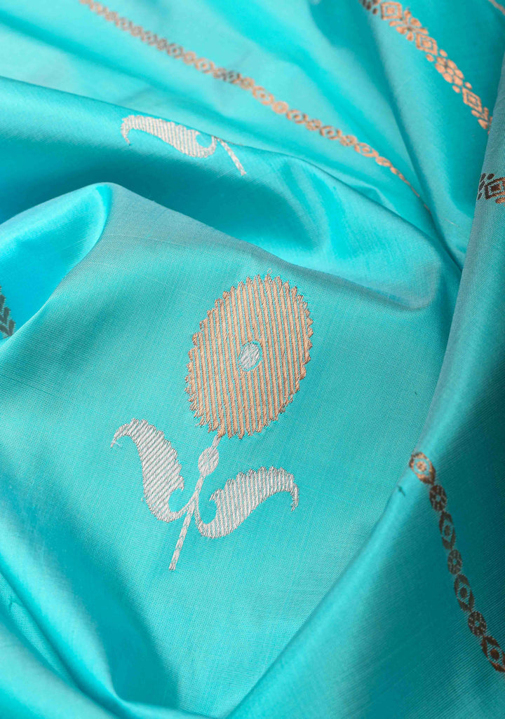 Turquoise Blue Banarasi Katan silk saree with Vertical Stripes, Alfi Floral Buttas and Contrast Border | SILK MARK CERTIFIED
