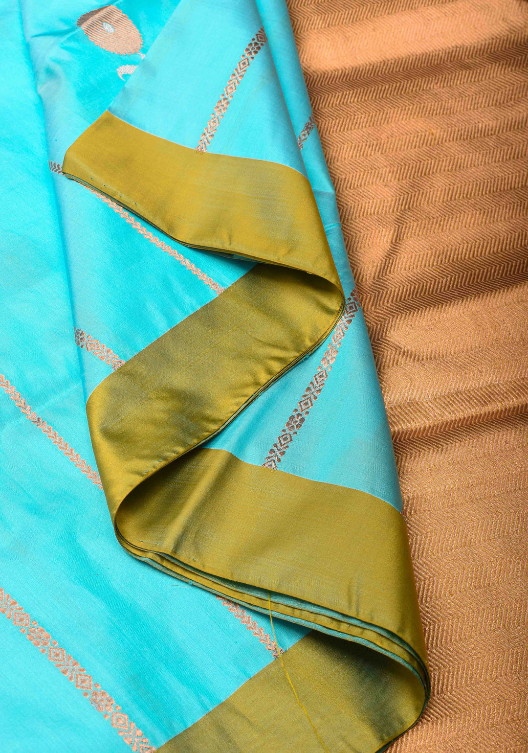 Turquoise Blue Banarasi Katan silk saree with Vertical Stripes, Alfi Floral Buttas and Contrast Border | SILK MARK CERTIFIED