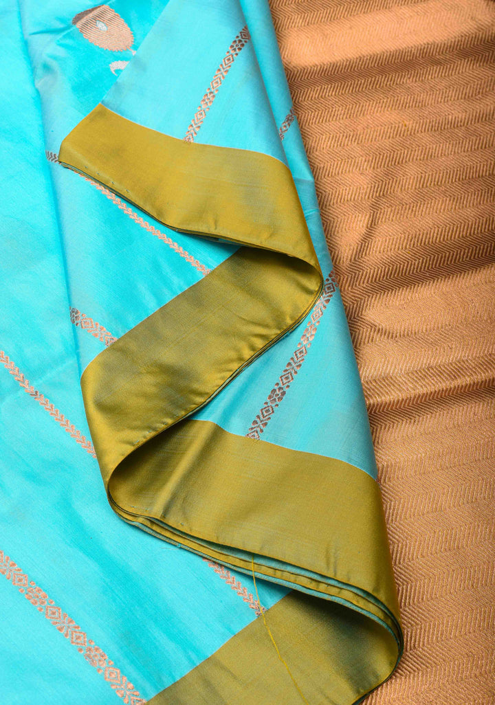 Turquoise Blue Banarasi Katan silk saree with Vertical Stripes, Alfi Floral Buttas and Contrast Border | SILK MARK CERTIFIED
