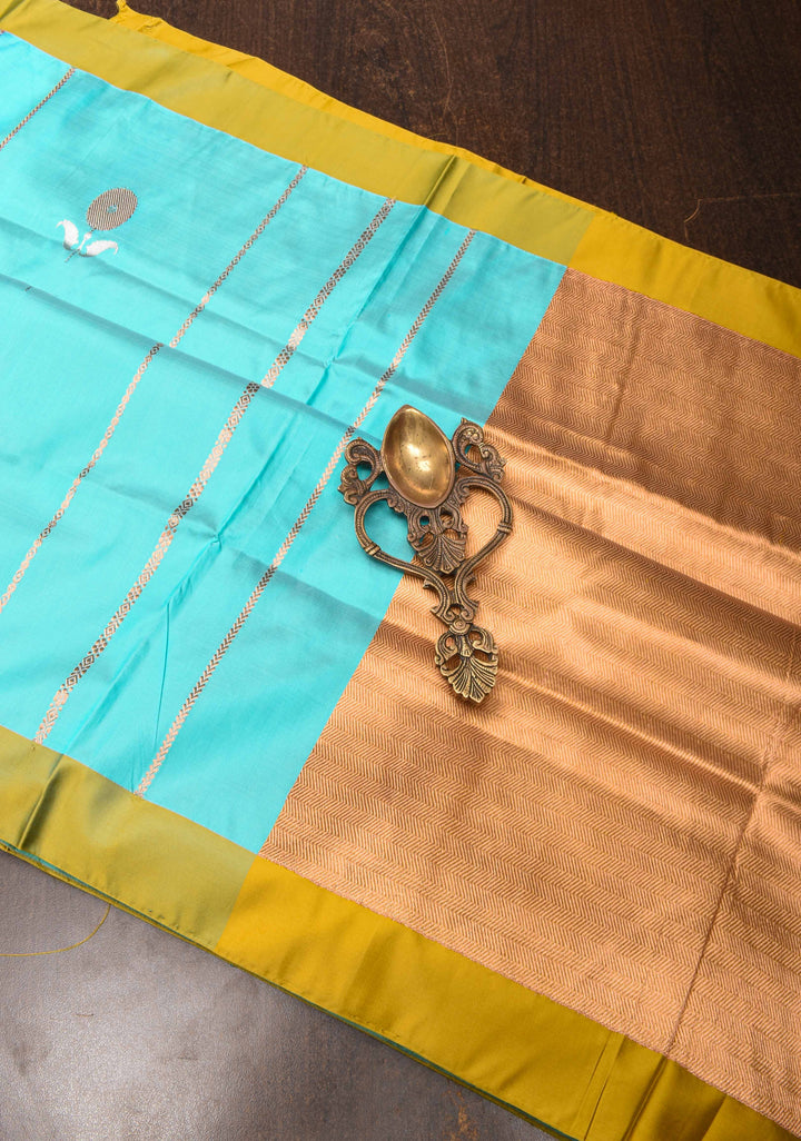 Turquoise Blue Banarasi Katan silk saree with Vertical Stripes, Alfi Floral Buttas and Contrast Border | SILK MARK CERTIFIED