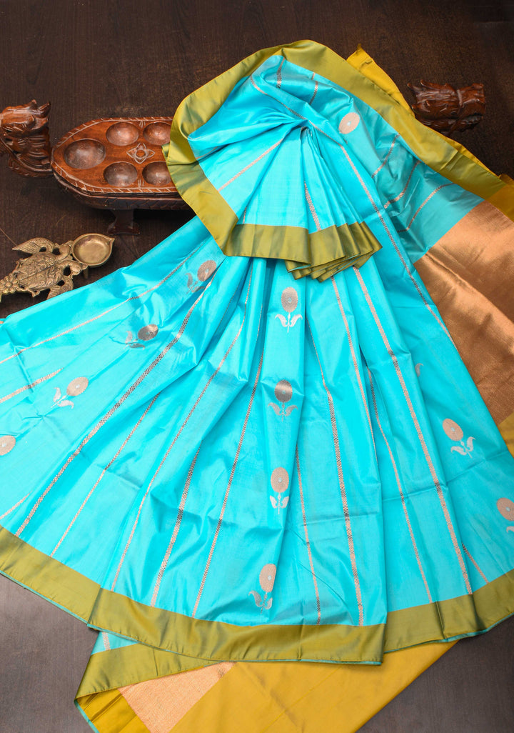 Turquoise Blue Banarasi Katan silk saree with Vertical Stripes, Alfi Floral Buttas and Contrast Border | SILK MARK CERTIFIED