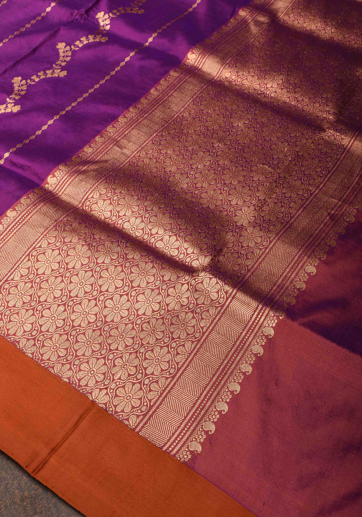 Purple Banarasi Katan silk saree with Floral Vertical Zari Stripes And Contrast Border | SILK MARK CERTIFIED