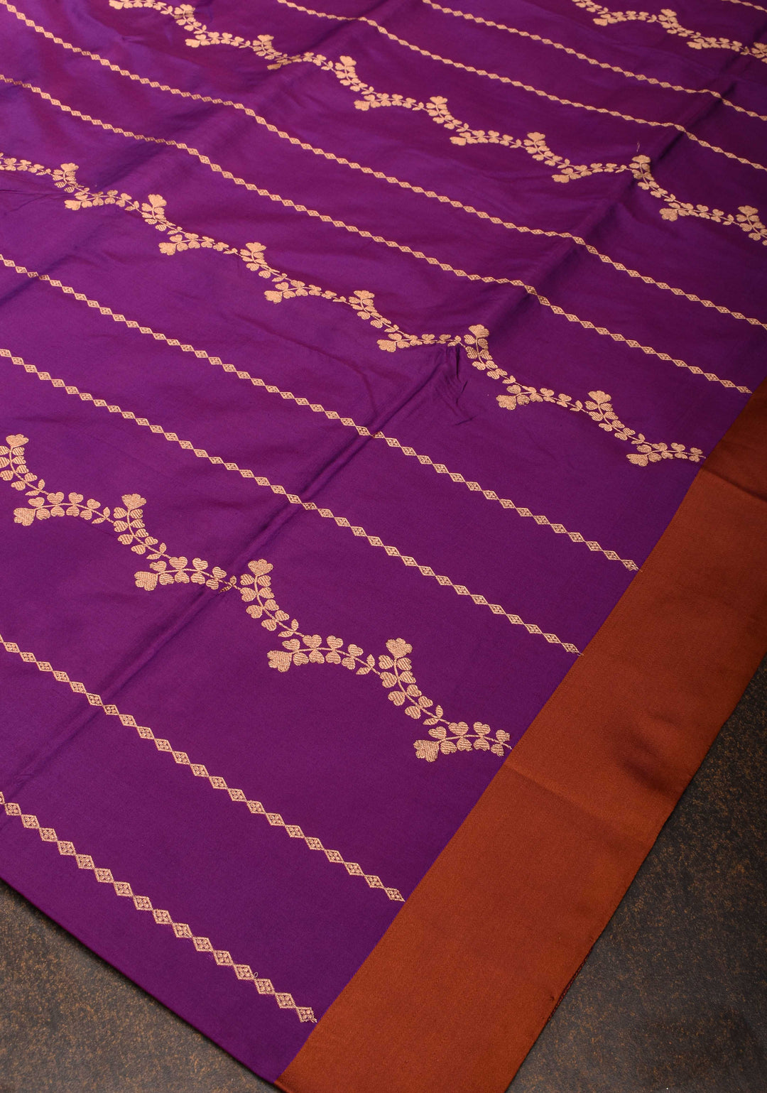 Purple Banarasi Katan silk saree with Floral Vertical Zari Stripes And Contrast Border | SILK MARK CERTIFIED