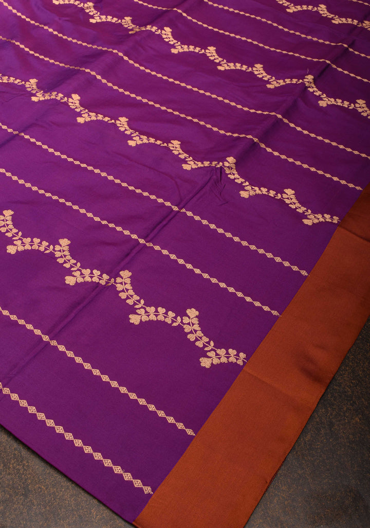 Purple Banarasi Katan silk saree with Floral Vertical Zari Stripes And Contrast Border | SILK MARK CERTIFIED