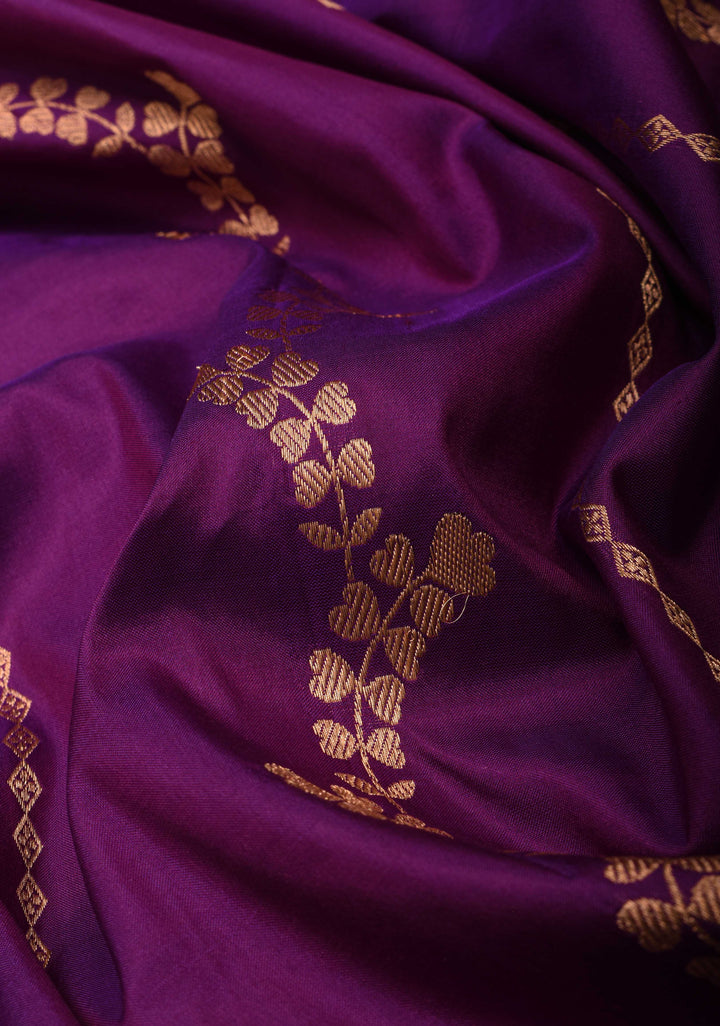 Purple Banarasi Katan silk saree with Floral Vertical Zari Stripes And Contrast Border | SILK MARK CERTIFIED