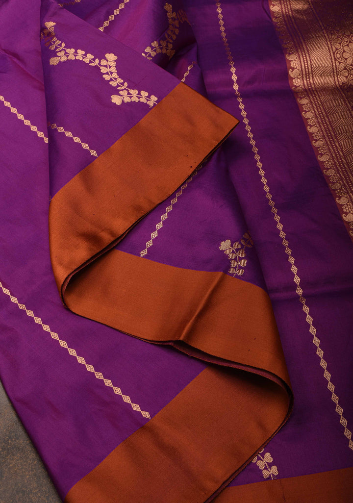 Purple Banarasi Katan silk saree with Floral Vertical Zari Stripes And Contrast Border | SILK MARK CERTIFIED