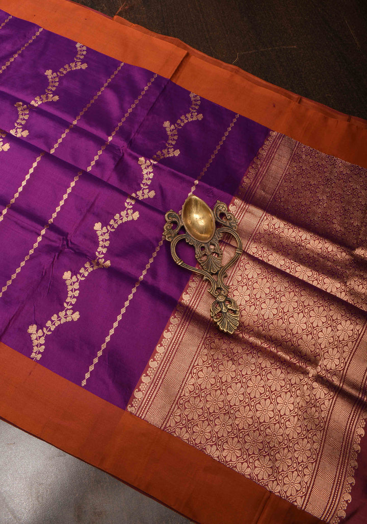 Purple Banarasi Katan silk saree with Floral Vertical Zari Stripes And Contrast Border | SILK MARK CERTIFIED