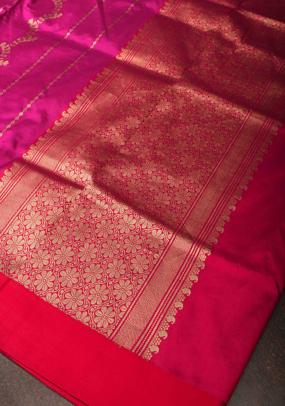Dark Fuchsia Banarasi Katan silk saree with Floral Vertical Stripes and Contrast Border | SILK MARK CERTIFIED