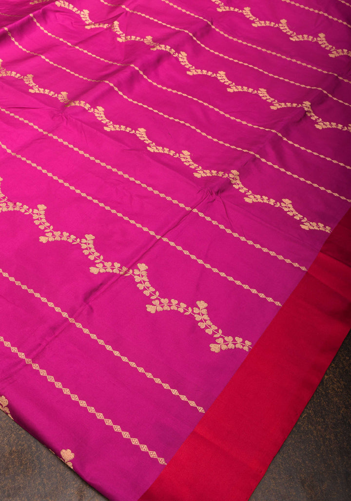 Dark Fuchsia Banarasi Katan silk saree with Floral Vertical Stripes and Contrast Border | SILK MARK CERTIFIED