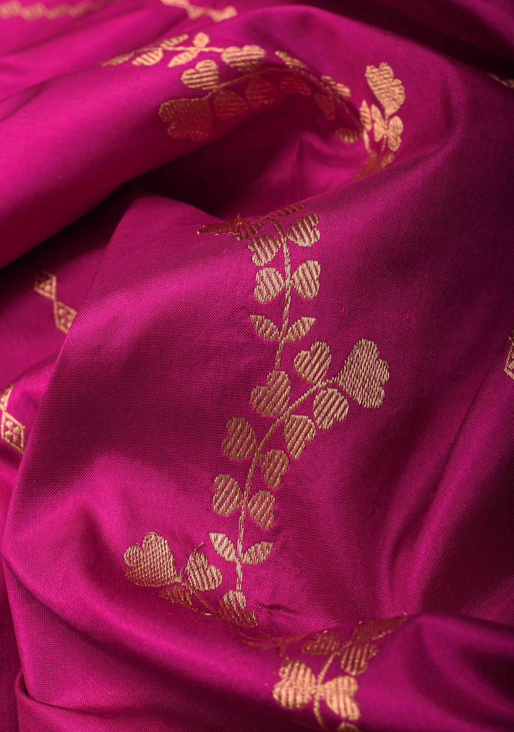 Dark Fuchsia Banarasi Katan silk saree with Floral Vertical Stripes and Contrast Border | SILK MARK CERTIFIED