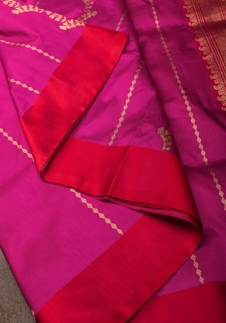 Dark Fuchsia Banarasi Katan silk saree with Floral Vertical Stripes and Contrast Border | SILK MARK CERTIFIED