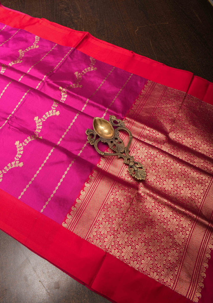 Dark Fuchsia Banarasi Katan silk saree with Floral Vertical Stripes and Contrast Border | SILK MARK CERTIFIED