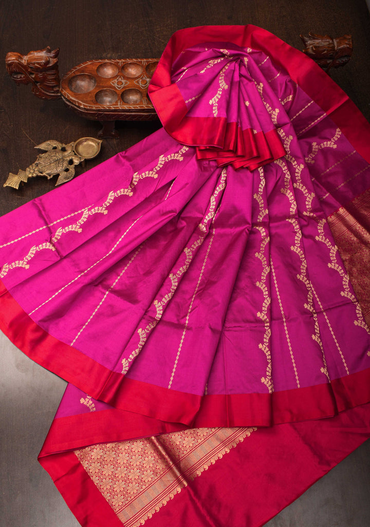Dark Fuchsia Banarasi Katan silk saree with Floral Vertical Stripes and Contrast Border | SILK MARK CERTIFIED
