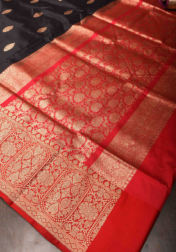Black Banarasi Katan silk saree with Zari Buttas and Contrast Zari Border | SILK MARK CERTIFIED