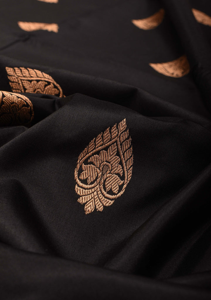 Black Banarasi Katan silk saree with Zari Buttas and Contrast Zari Border | SILK MARK CERTIFIED