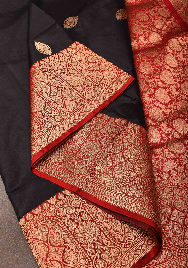 Black Banarasi Katan silk saree with Zari Buttas and Contrast Zari Border | SILK MARK CERTIFIED
