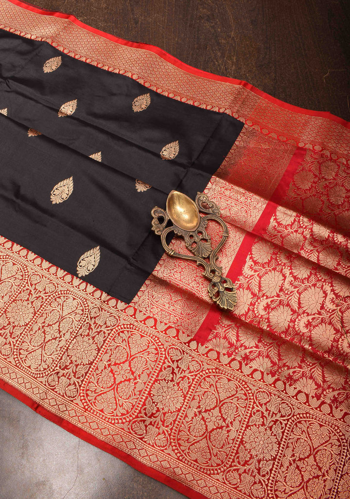Black Banarasi Katan silk saree with Zari Buttas and Contrast Zari Border | SILK MARK CERTIFIED