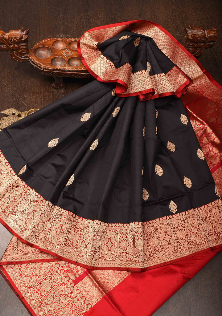 Black Banarasi Katan silk saree with Zari Buttas and Contrast Zari Border | SILK MARK CERTIFIED