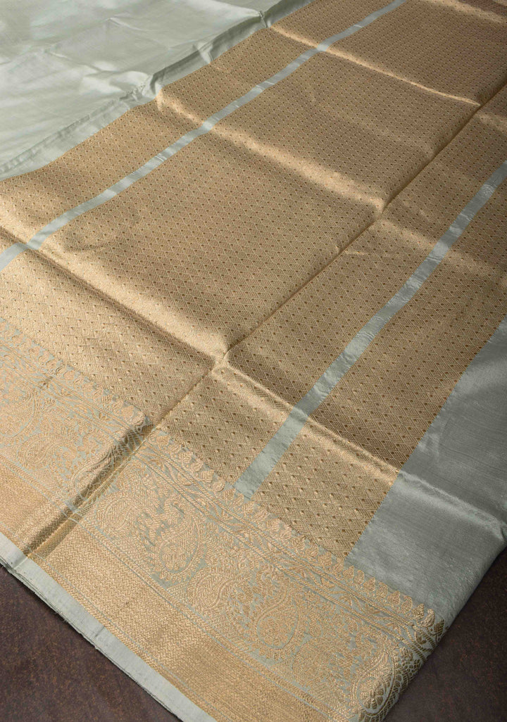 Grey Banarasi Lightweight Katan silk saree with Paisley Zari Border | SILK MARK CERTIFIED