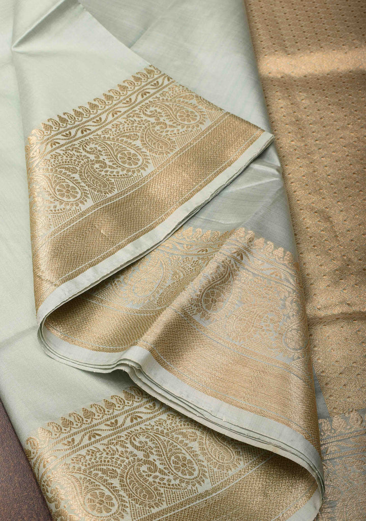 Grey Banarasi Lightweight Katan silk saree with Paisley Zari Border | SILK MARK CERTIFIED