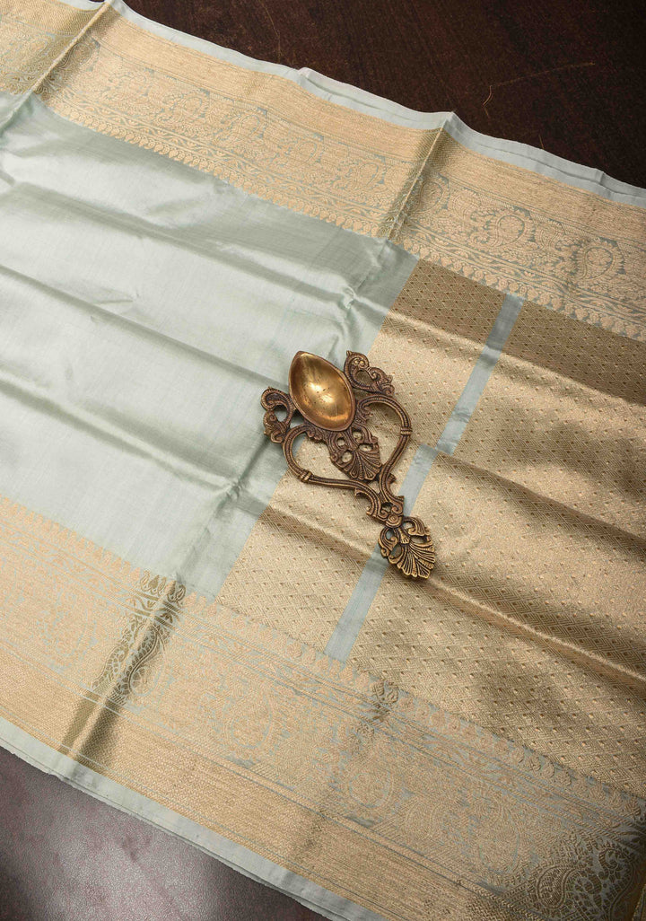 Grey Banarasi Lightweight Katan silk saree with Paisley Zari Border | SILK MARK CERTIFIED