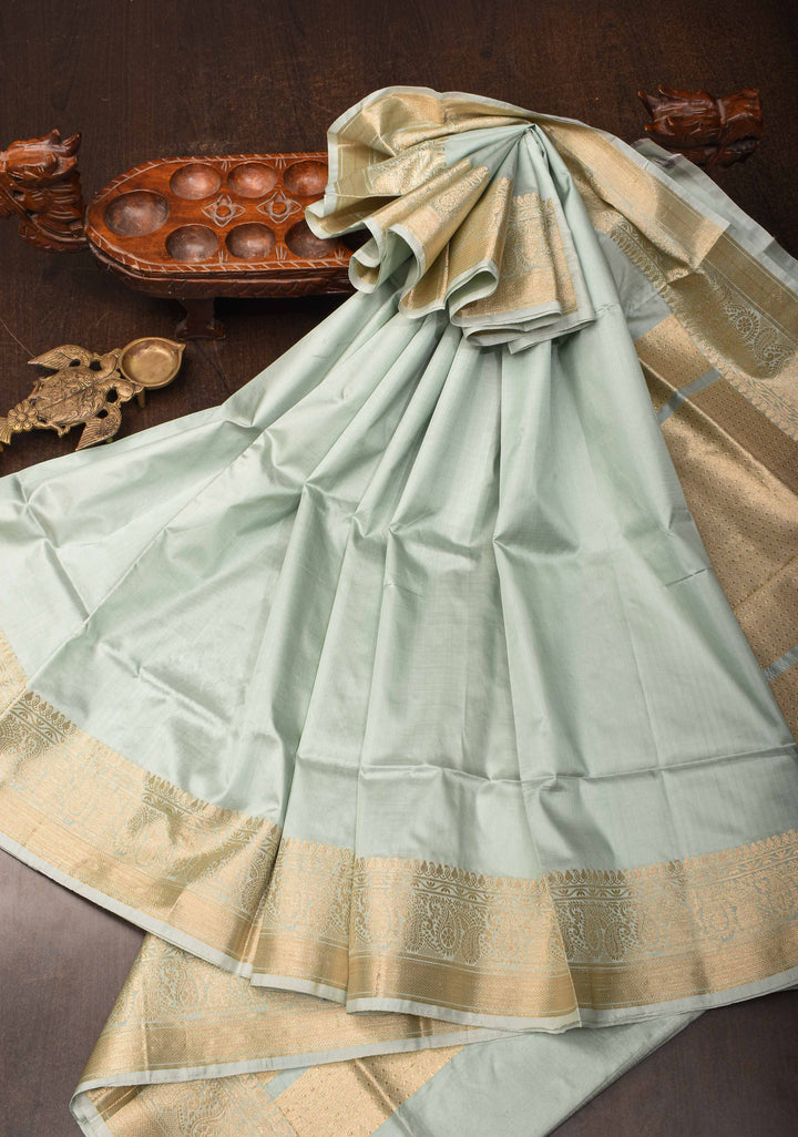Grey Banarasi Lightweight Katan silk saree with Paisley Zari Border | SILK MARK CERTIFIED