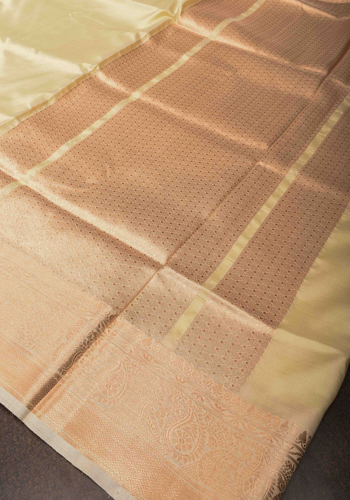 Beige Banarasi Katan silk saree with Paisley Zari Border | SILK MARK CERTIFIED