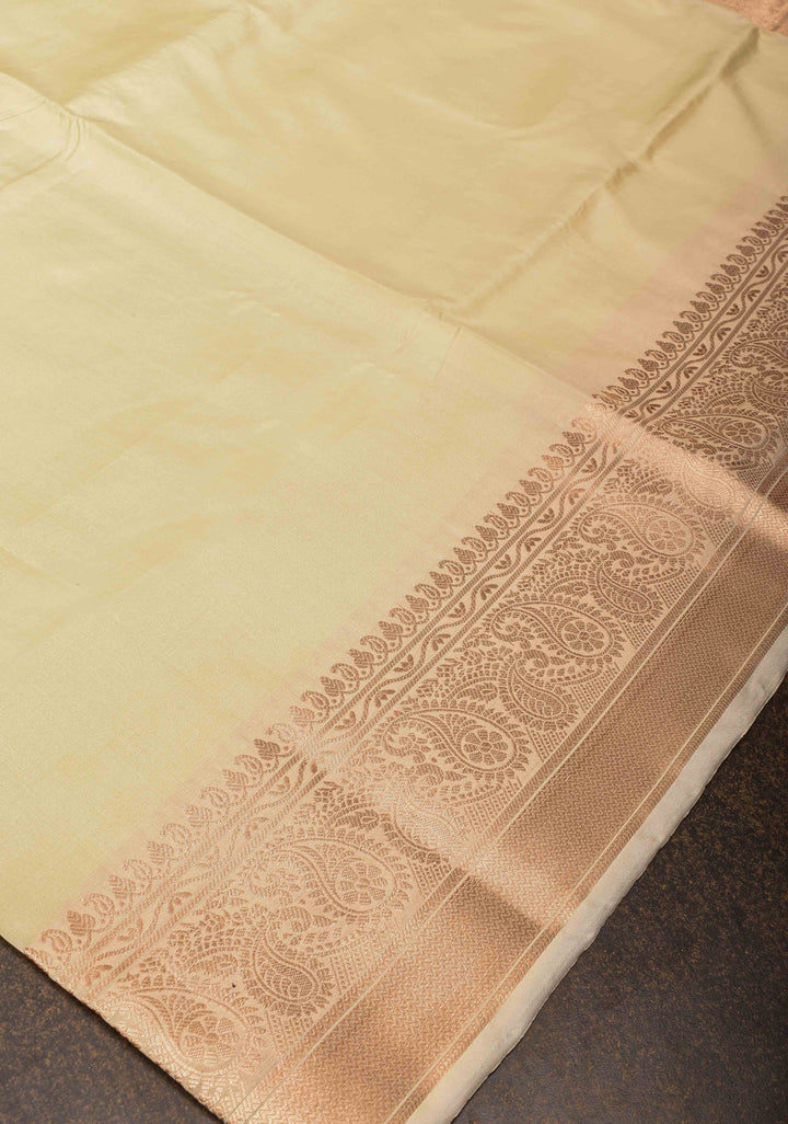 Beige Banarasi Katan silk saree with Paisley Zari Border | SILK MARK CERTIFIED