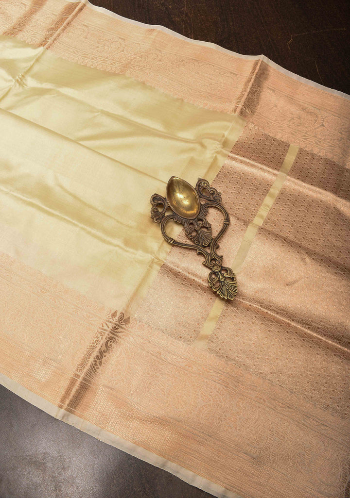 Beige Banarasi Katan silk saree with Paisley Zari Border | SILK MARK CERTIFIED