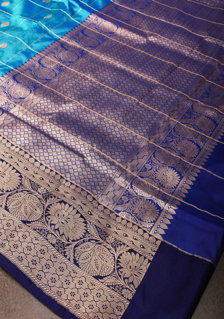 Teal Blue Checks Banarasi Katan silk saree with Zari Buttas and Contrast Zari Border | SILK MARK CERTIFIED