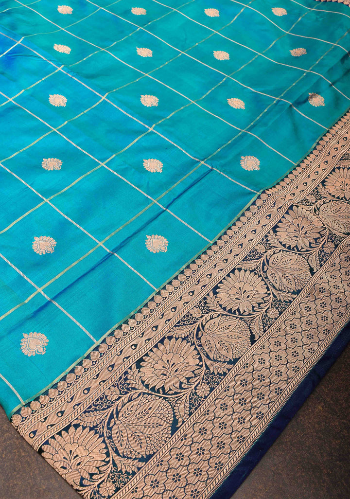 Teal Blue Checks Banarasi Katan silk saree with Zari Buttas and Contrast Zari Border | SILK MARK CERTIFIED