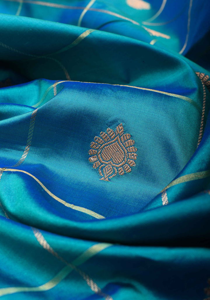Teal Blue Checks Banarasi Katan silk saree with Zari Buttas and Contrast Zari Border | SILK MARK CERTIFIED