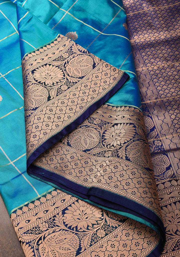 Teal Blue Checks Banarasi Katan silk saree with Zari Buttas and Contrast Zari Border | SILK MARK CERTIFIED