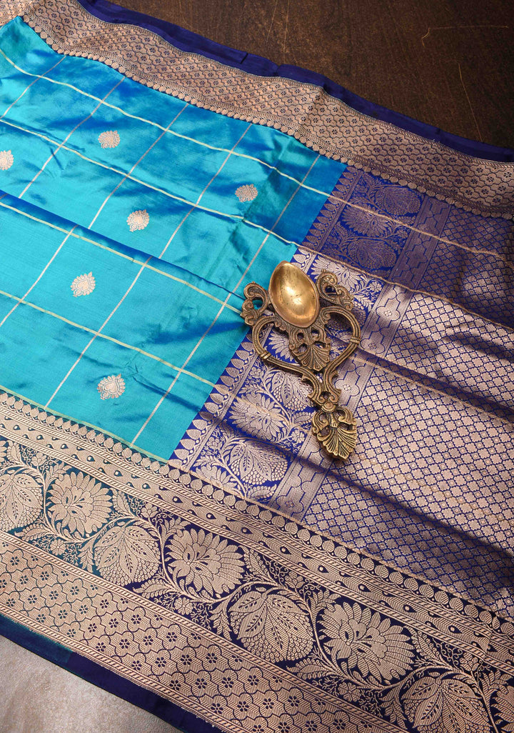 Teal Blue Checks Banarasi Katan silk saree with Zari Buttas and Contrast Zari Border | SILK MARK CERTIFIED